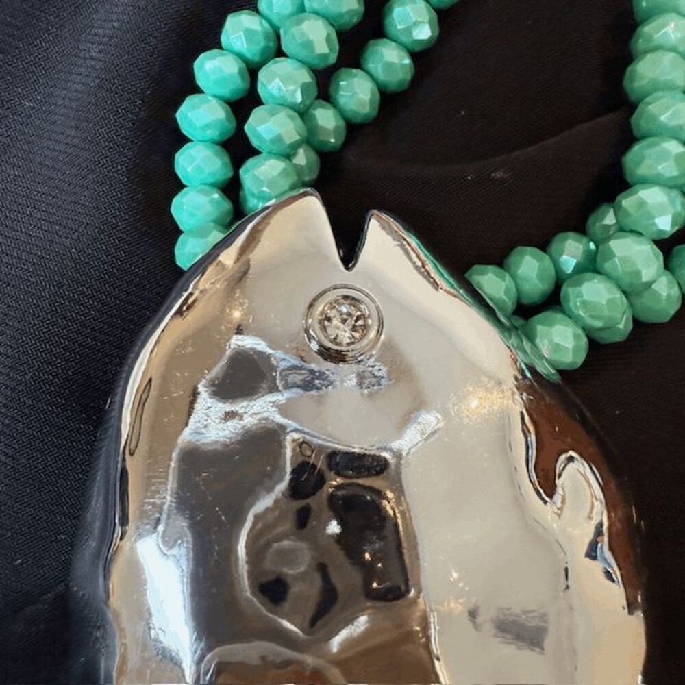 NWT Bone Fish Statement Necklace and Earrings Set Silver Tone Turquoise Beads - Picture 5 of 10